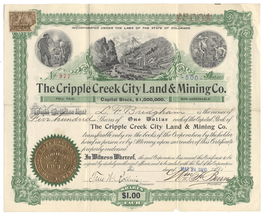 Vintage stock certificate for The Cripple Creek City Land & Mining Co.