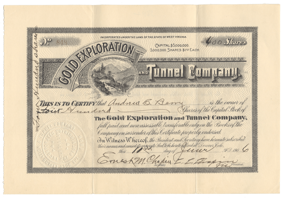 Gold Exploration and Tunnel Company Stock Certificate