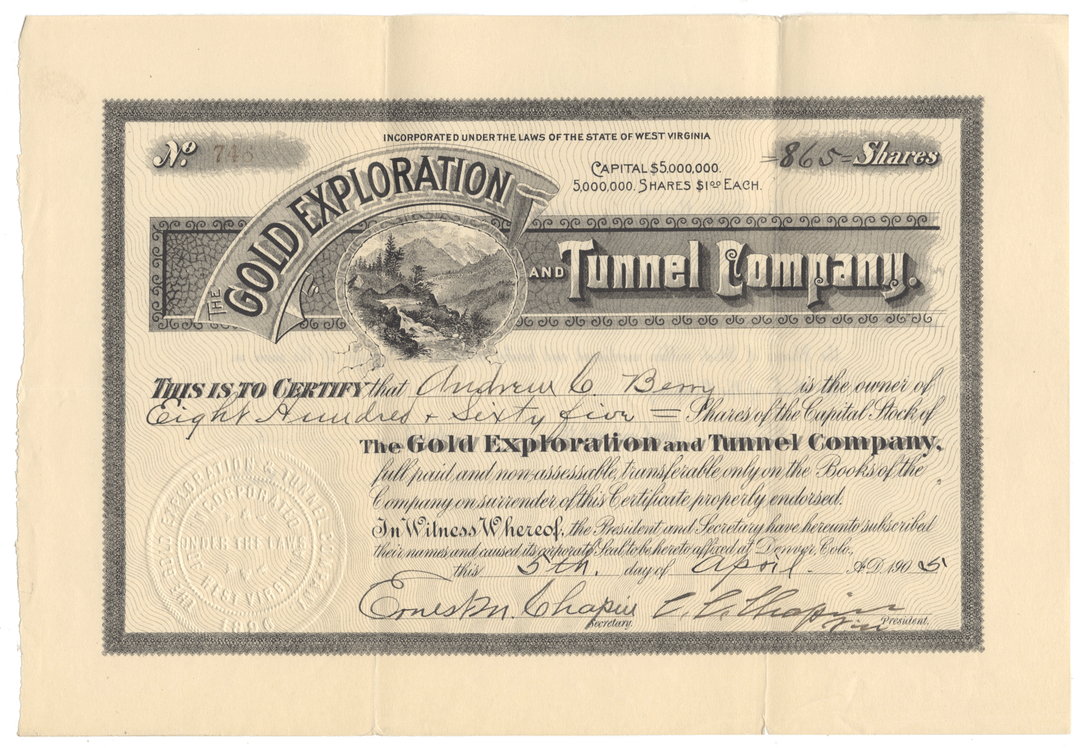 Gold Exploration and Tunnel Company stock certificate
