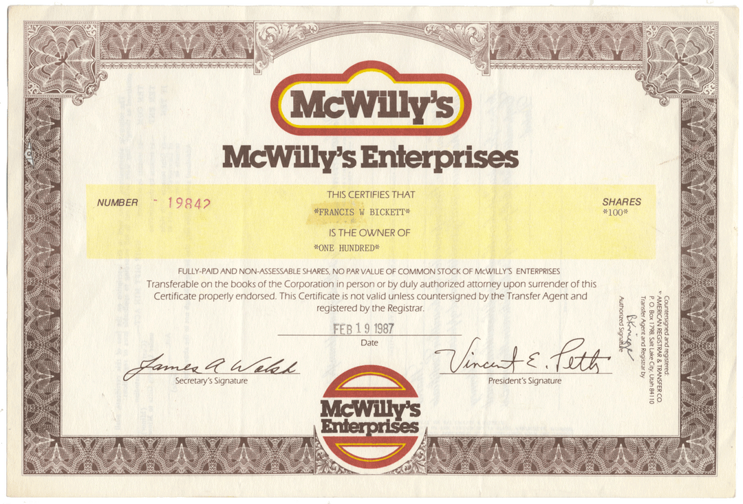 McWilly's Enterprises Stock Certificate