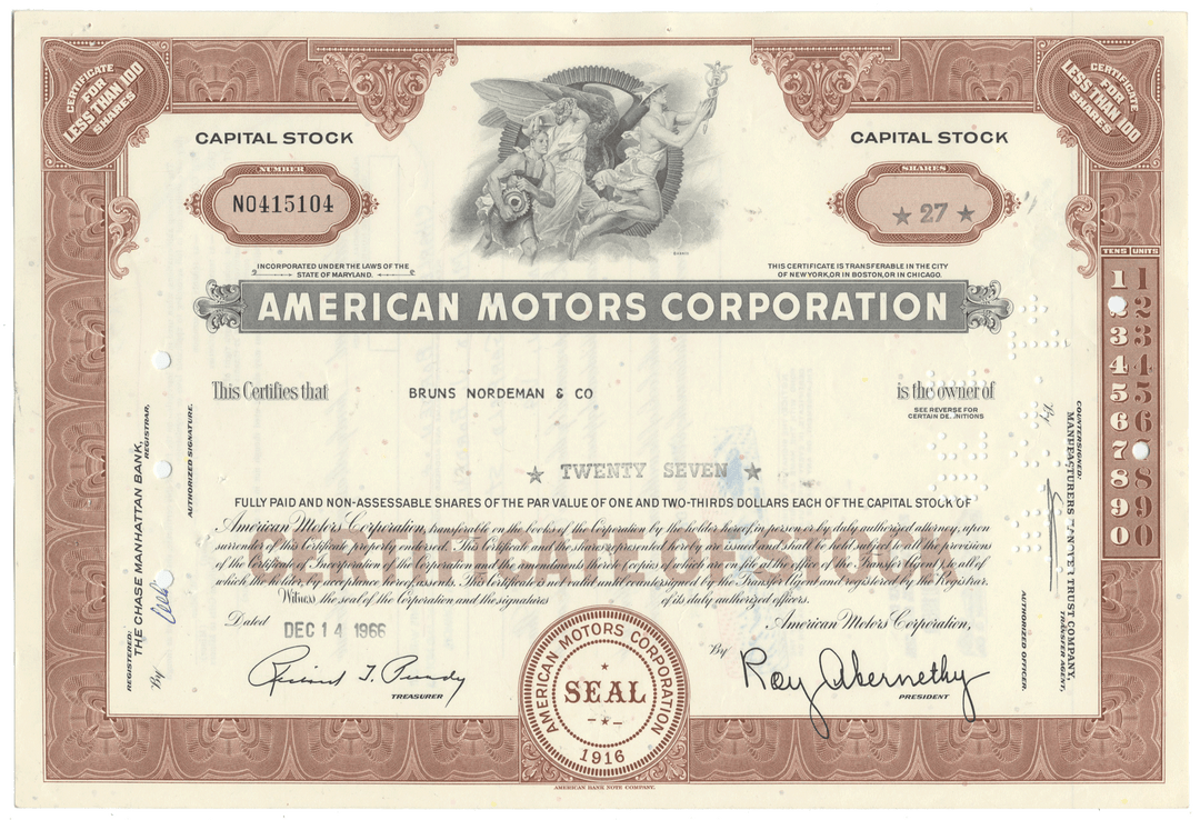 American Motors Corporation stock certificate from 1966