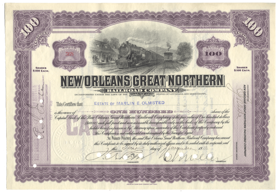 New Orleans Great Northern Railroad Company stock certificate with train illustration