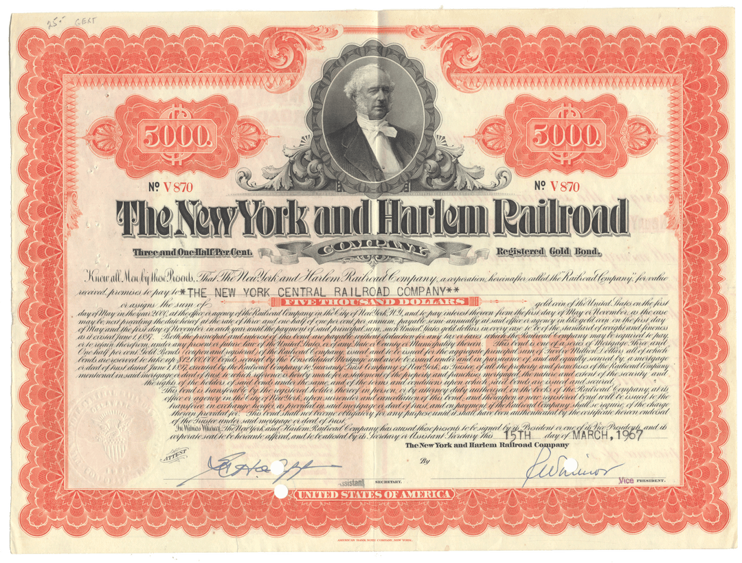 Vintage stock certificate for The New York and Harlem Railroad Company with a portrait of a man in a bow tie.
