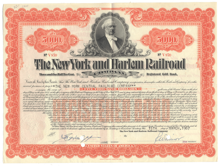 Vintage stock certificate for The New York and Harlem Railroad Company with a portrait of a man in a bow tie.
