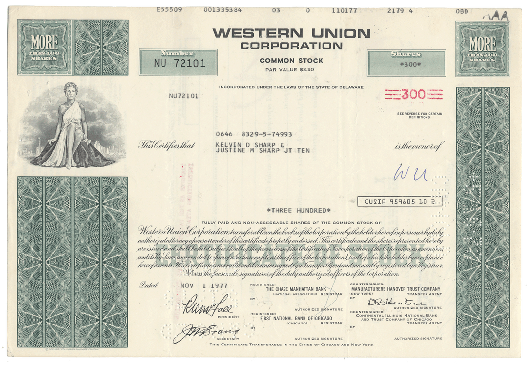 Western Union Corporation stock certificate from 1977
