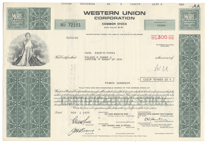 Western Union Corporation stock certificate from 1977