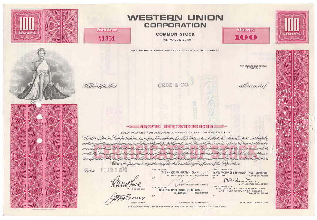 Vintage stock certificate from the Western Union Corporation