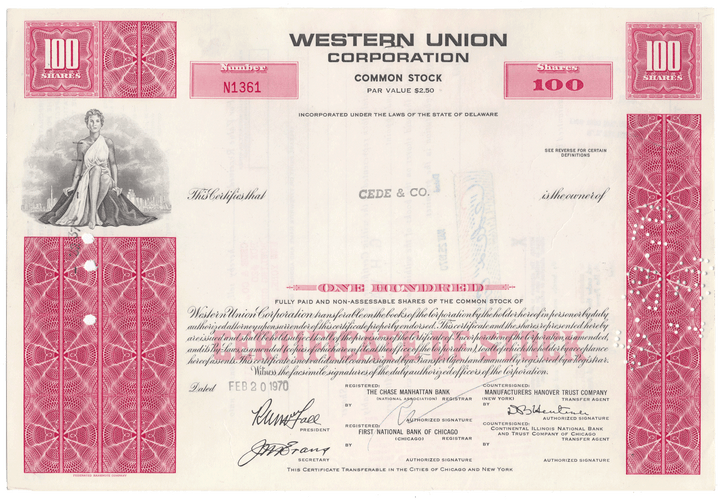 Vintage stock certificate from the Western Union Corporation