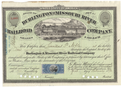 Burlington and Missouri River Railroad Company Stock Certificate