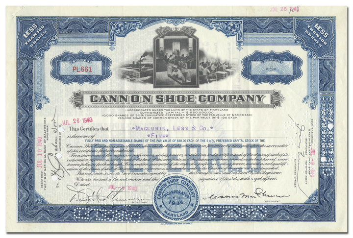 Cannon Shoe Company Stock Certificate