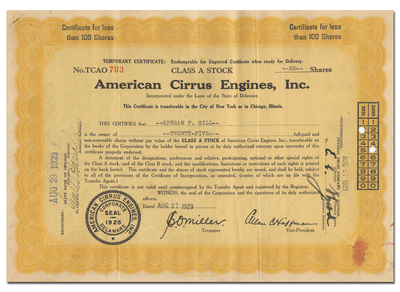 American Cirrus Engines, Inc. Stock Certificate
