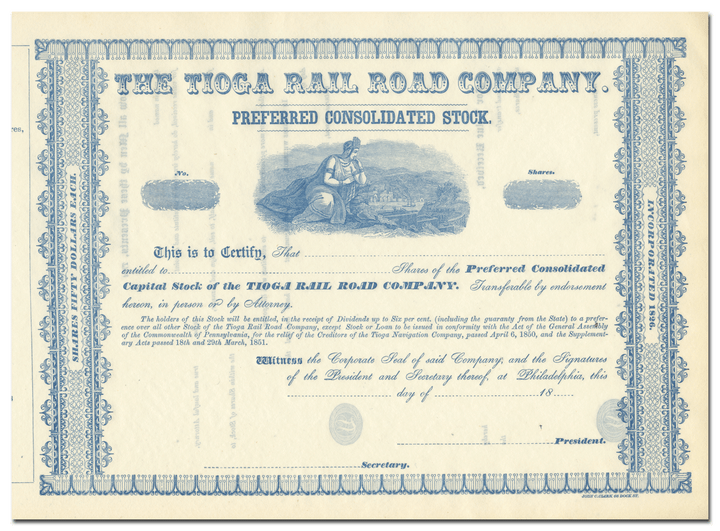 Tioga Rail Road Company Stock Certificate