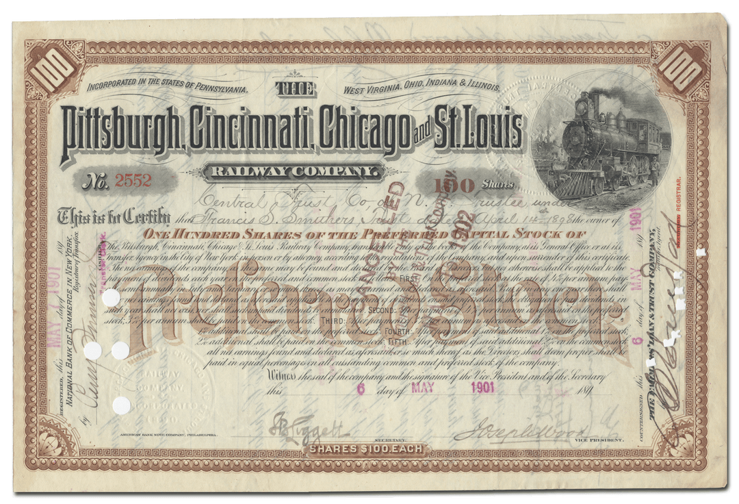 Pittsburgh, Cincinnati, Chicago and St. Louis Railway Company Stock Certificate