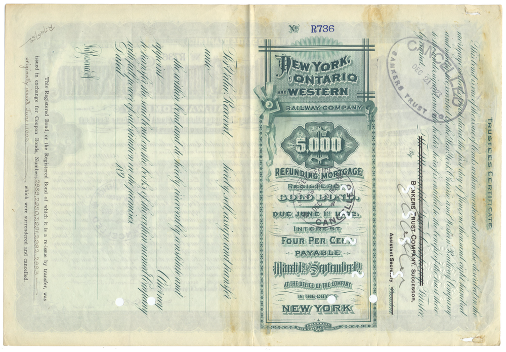 New York, Ontario and Western Railway Company Bond Certificate