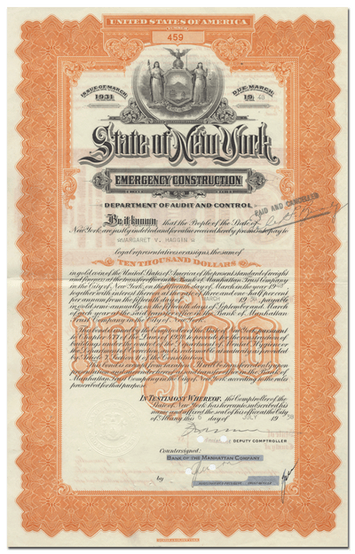 State of New York Emergency Construction Bond Certificate