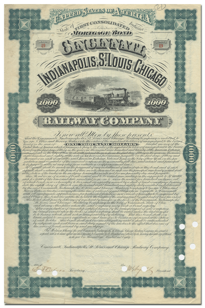 Cincinnati, Indianapolis, St. Louis and Chicago Railway Company Bond Certificate