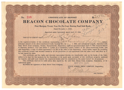 Beacon Chocolate Company Stock Certificate