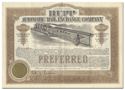 Hupp Automatic Mail Exchange Company Stock Certificate