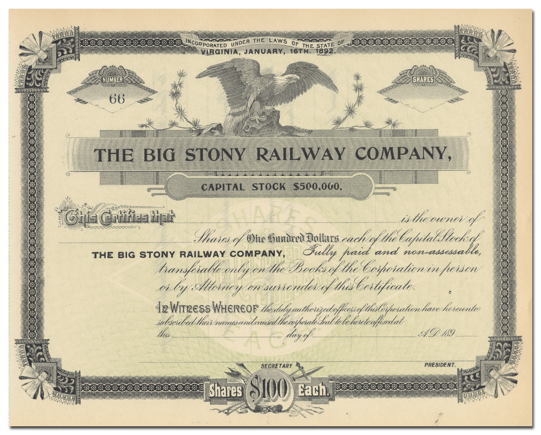 Big Stony Railway Company Stock Certificate