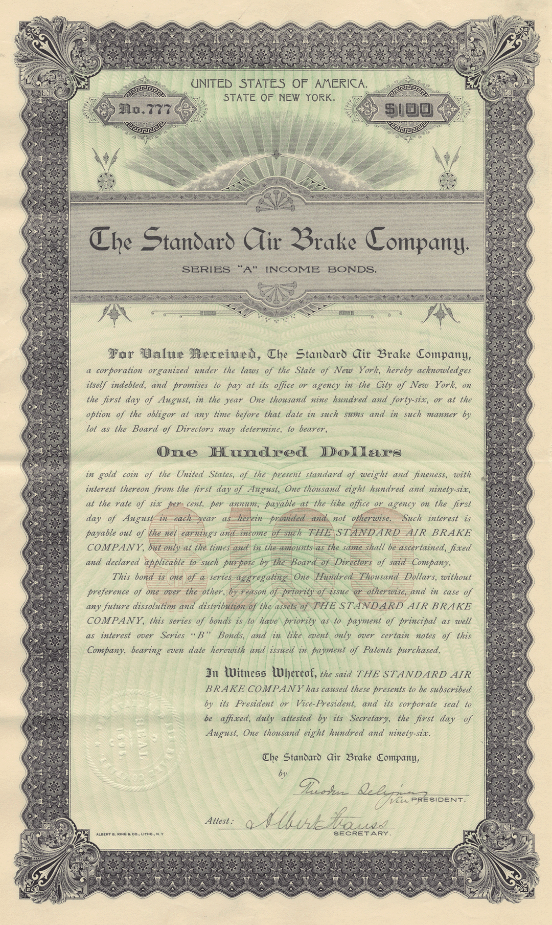 Standard Air Brake Company Bond Certificate
