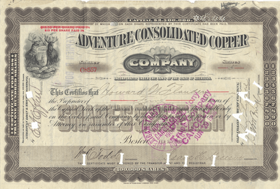 Adventure Consolidated Copper Company Stock Certificate