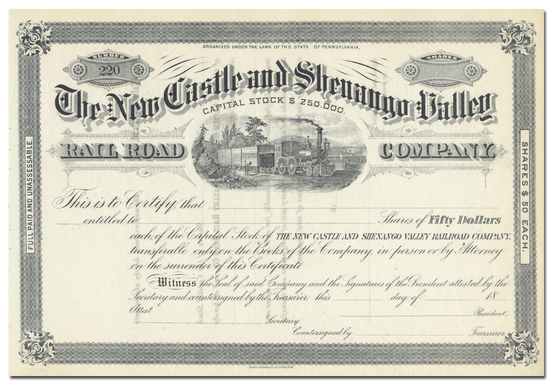 New Castle and Shenango Valley Railroad Company Stock Certificate