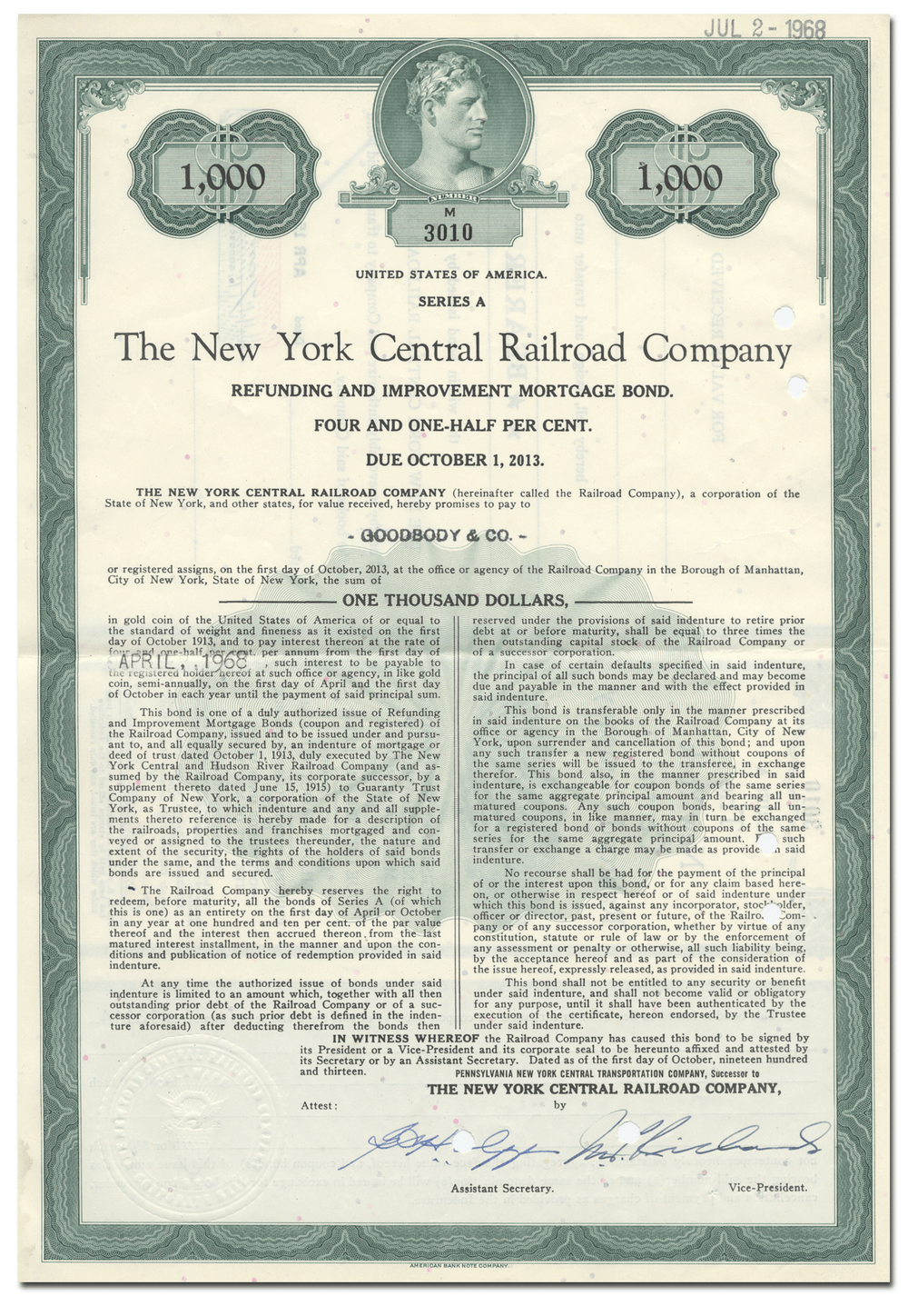 New York Central Railroad Company Bond Certificate