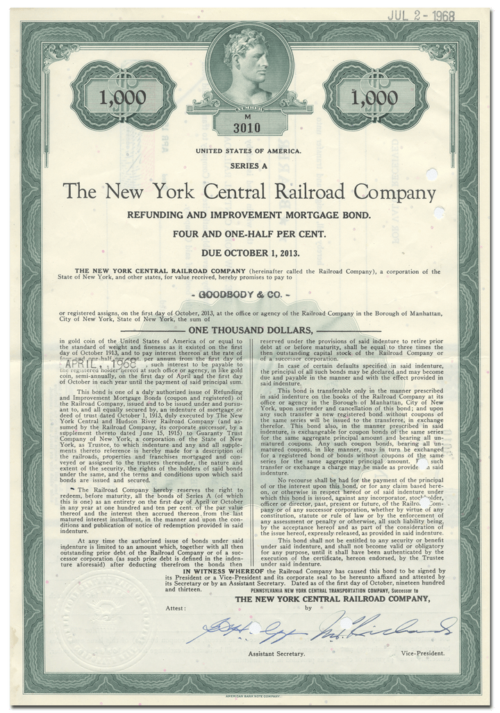 New York Central Railroad Company Bond Certificate