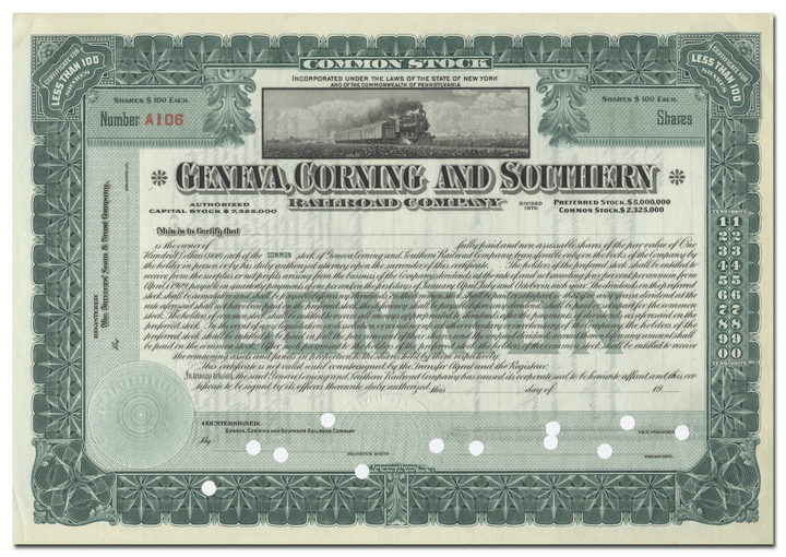 Geneva, Corning and Southern Railroad Company Stock Certificate
