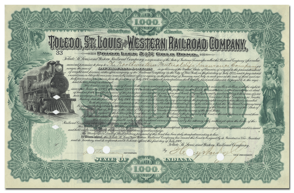 Toledo, St. Louis and Western Railroad Company Bond Certificate