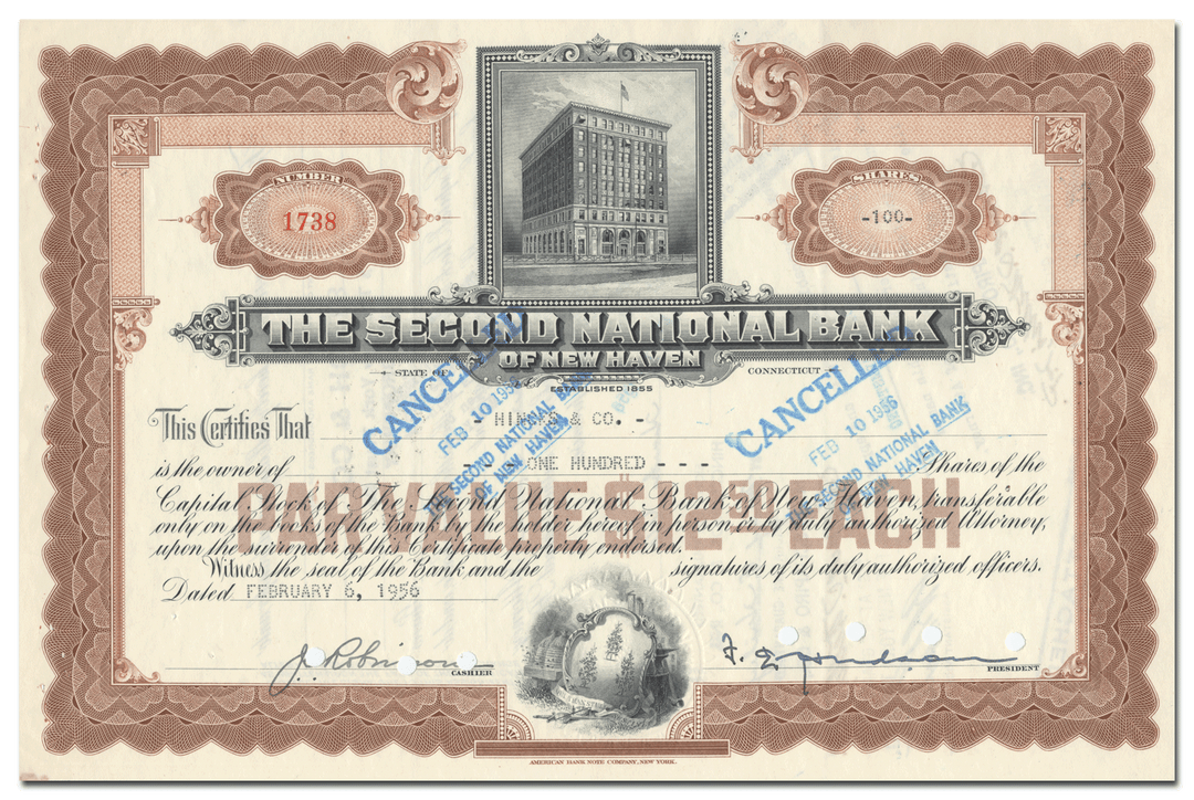 Second National Bank of New Haven Stock Certificate
