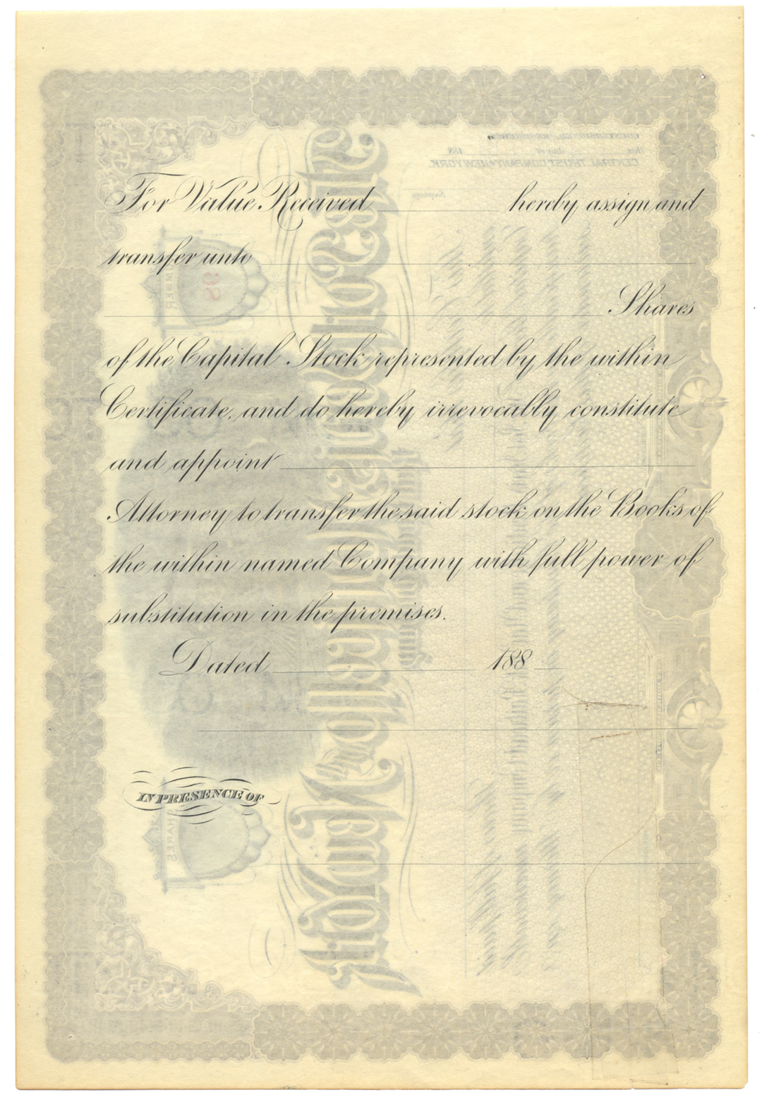 Port Jervis, Monticello and New York Rail Road Company Stock Certificate