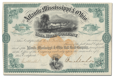 Atlantic, Mississippi & Ohio Rail Road Company Stock Certificate Signed by William Mahone