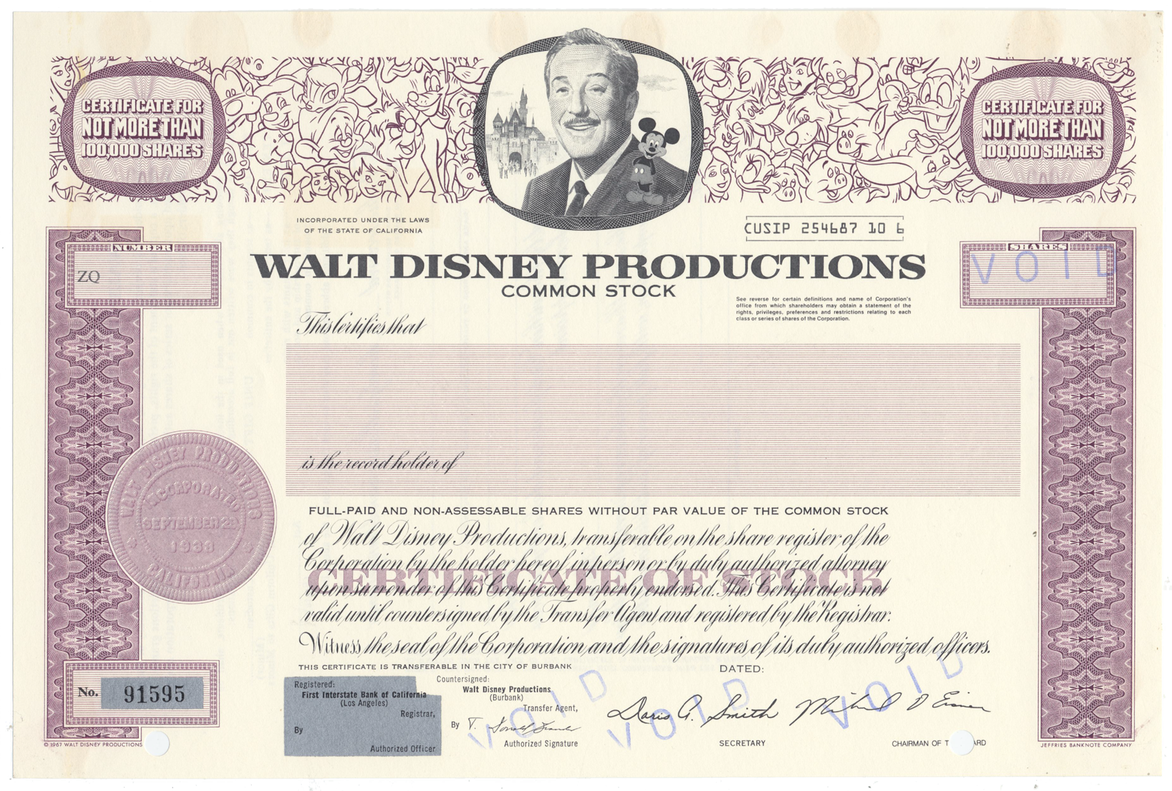 Walt Disney Productions Common Stock Certificate (Walt Disney
