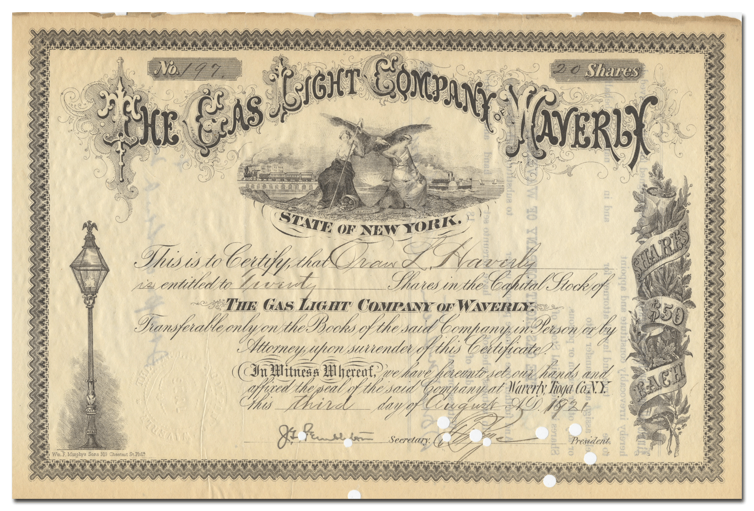 Gas Light Company of Waverly (New York) Stock Certificate Ghosts of Wall Street
