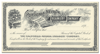 California-Nevada Creamery Company Stock Certificate