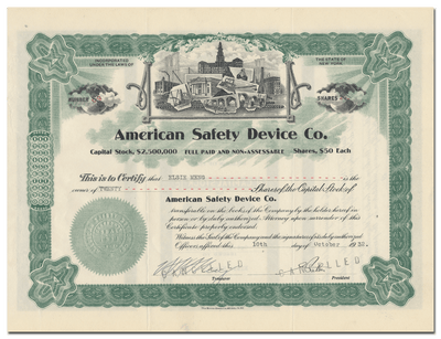 American Safety Device Co. Stock Certificate