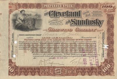 Cleveland and Sandusky Brewing Company Stock Certificate