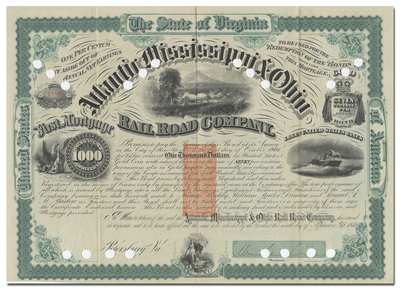 Atlantic, Mississippi & Ohio Rail Road Company Bond Certificate