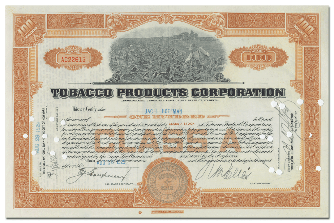 Tobacco Products Corporation Stock Certificate
