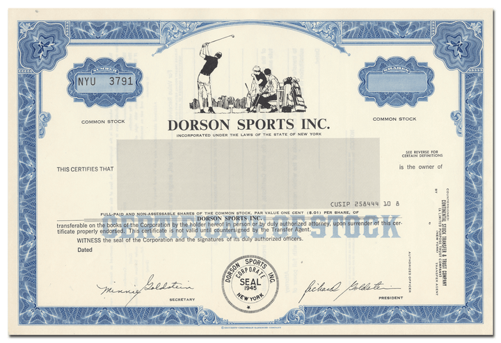 Dorson Sports Inc. Stock Certificate