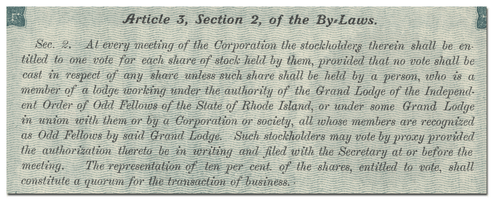 Odd Fellows Building Association of Rhode Island Stock Certificate (By-Laws)
