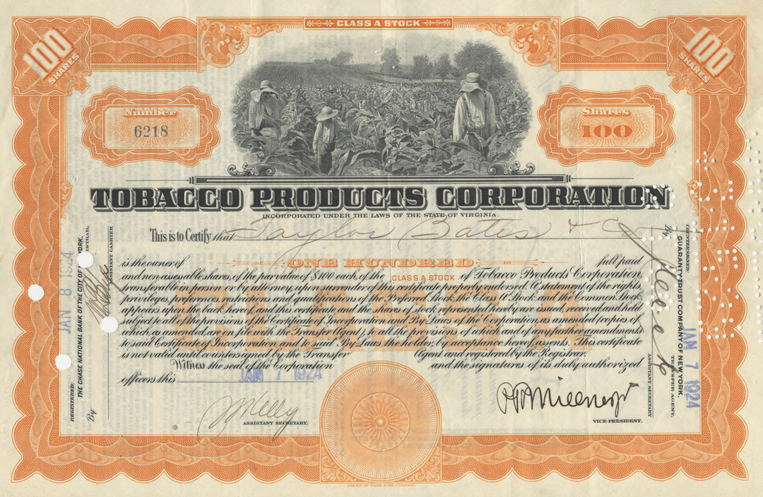 Tobacco Products Corporation Stock Certificate