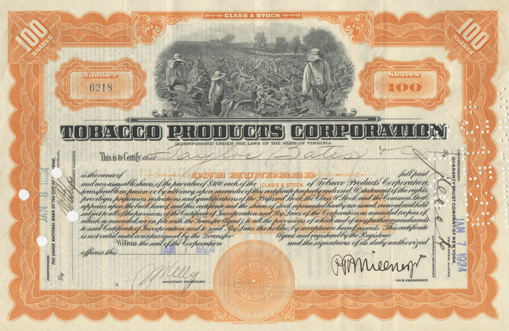 Tobacco Products Corporation Stock Certificate