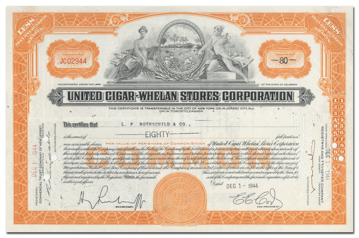 United Cigar-Whelan Stores Corporation Stock Certificate