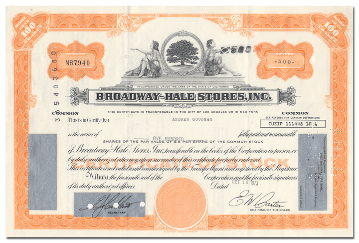 Broadway-Hale Stores, Inc. Stock Certificate