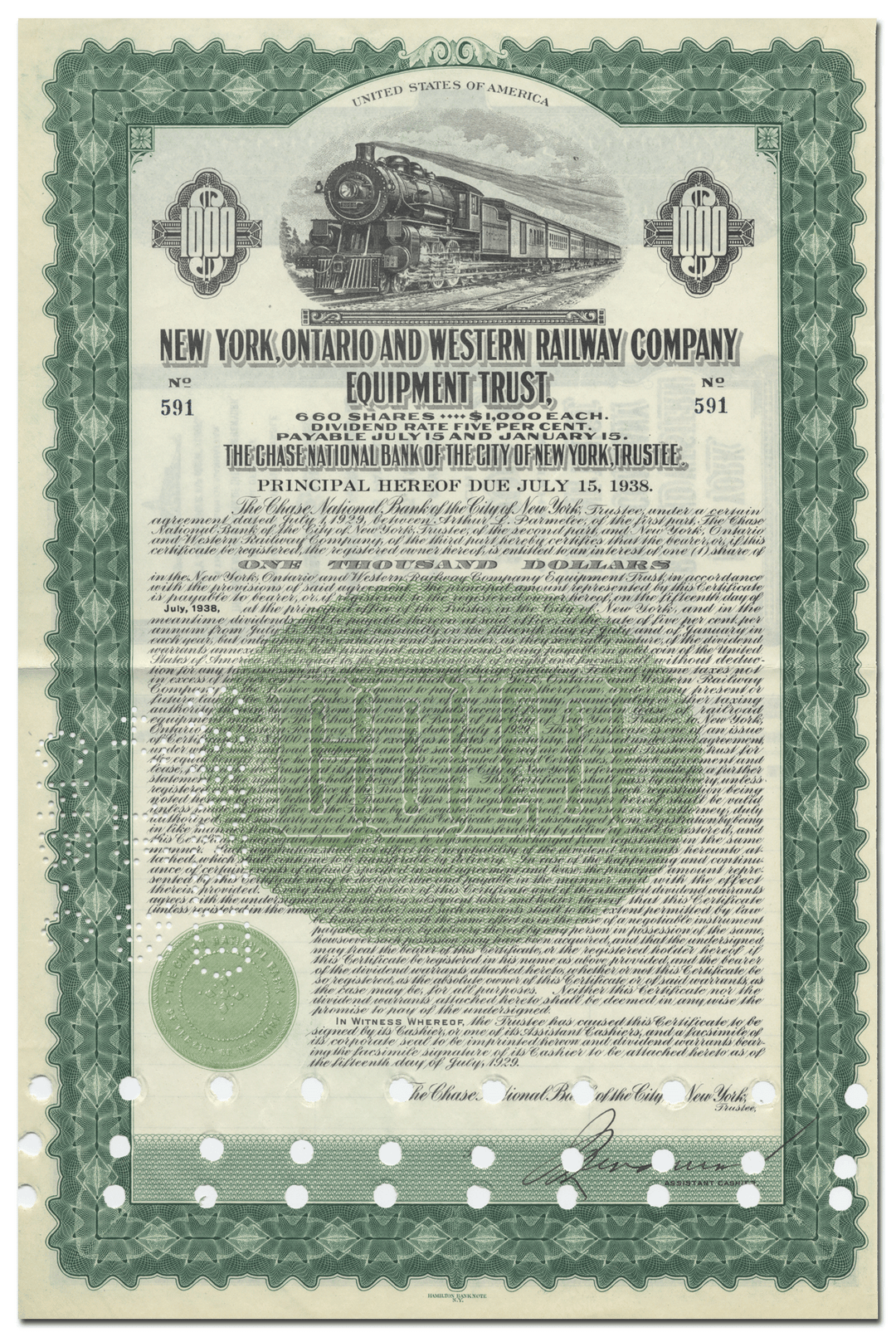 New York, Ontario and Western Railway Company Bond Certificate