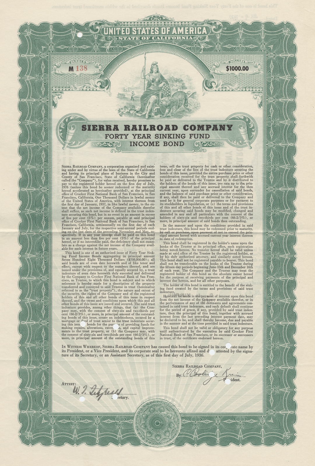 Sierra Railroad Company Bond Certificate