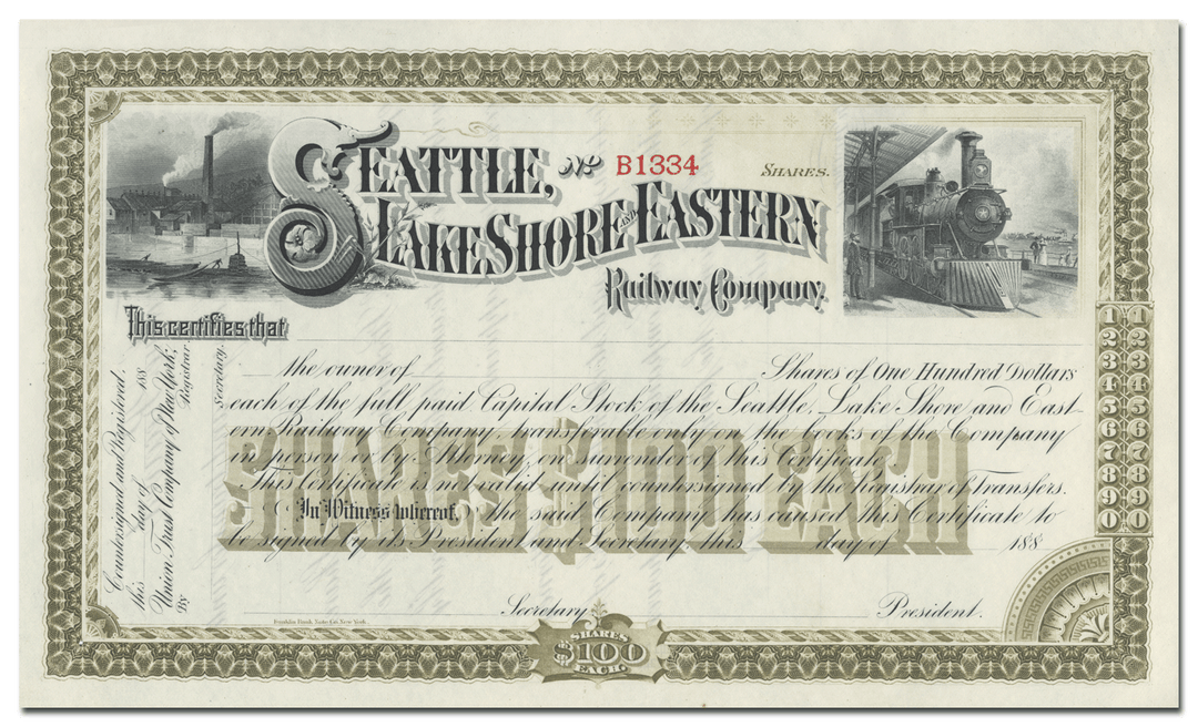 Seattle, Lake Shore and Eastern Railway Company Stock Certificate