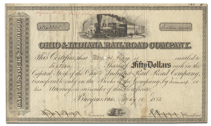 Ohio & Indiana Railroad Company Stock Certificate